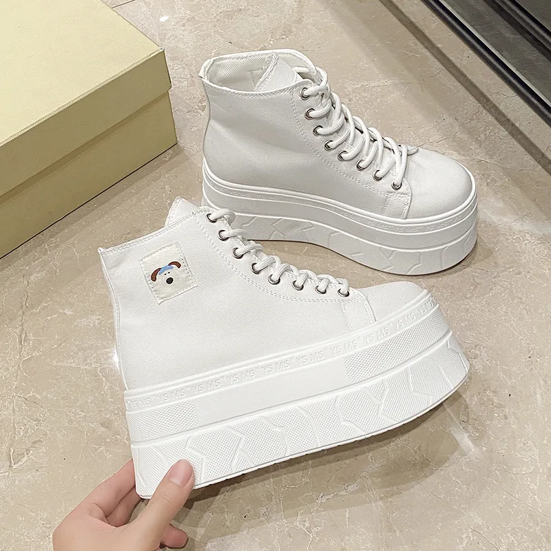 Canvas Sneaker High - Dames canvas dikke bodem verhoging platform