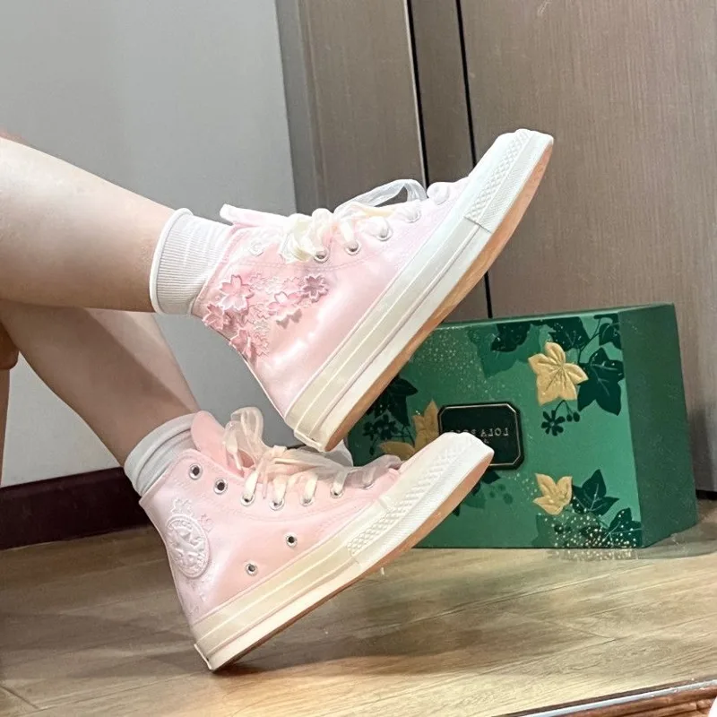 Canvas Sneaker High - Dames canvas sneakers met borduurwerk, kersenroze,
