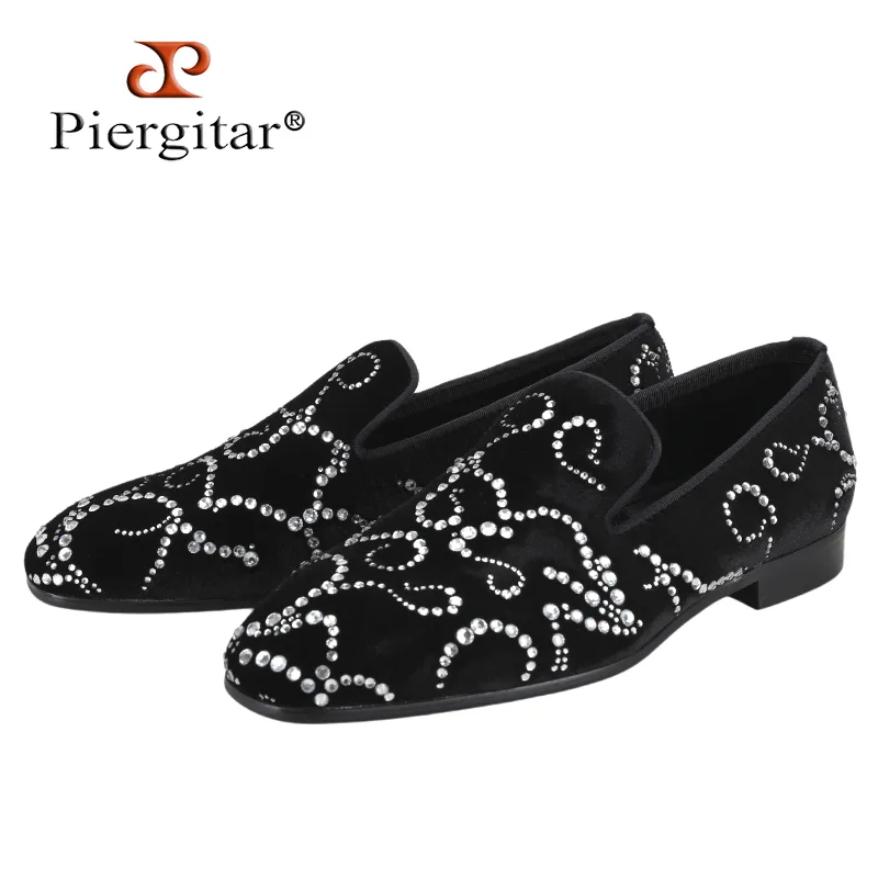 Men Shoes Red Bottom - Piergitar Zwart Fluweel En Octobloem Strass
